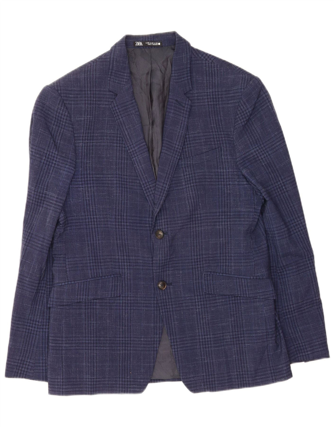 Zara Herre 2-knaps blazerjakke EU 52 Large Navy Blue Houndstooth