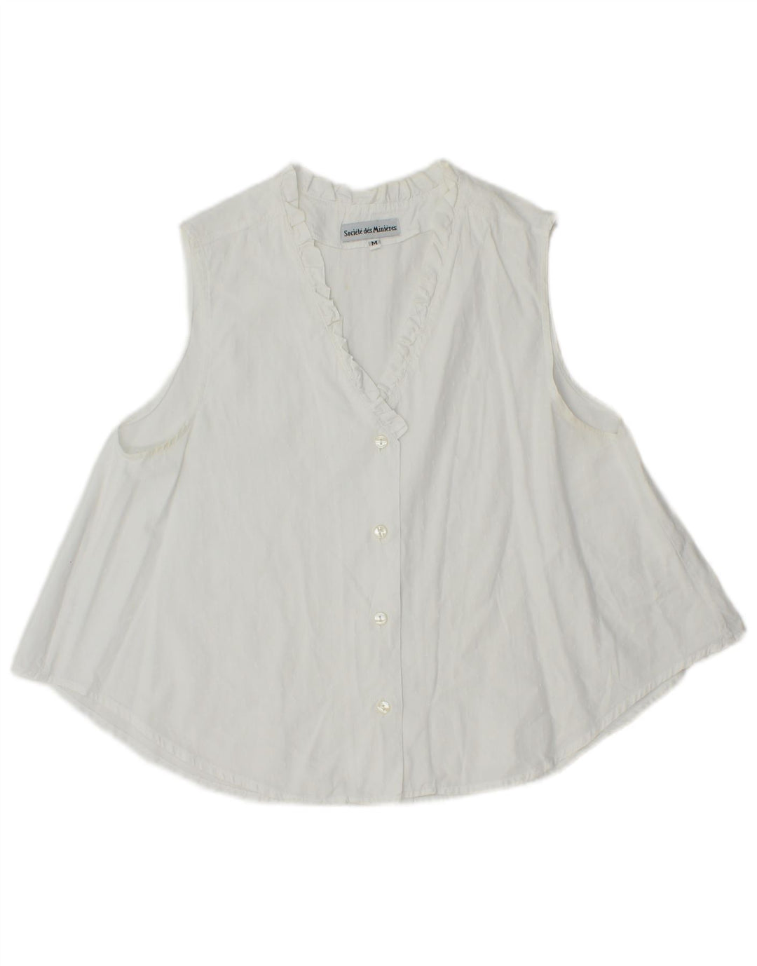 Vintage dame ærmeløs flæse foran skjorte bluse UK 14 Medium White