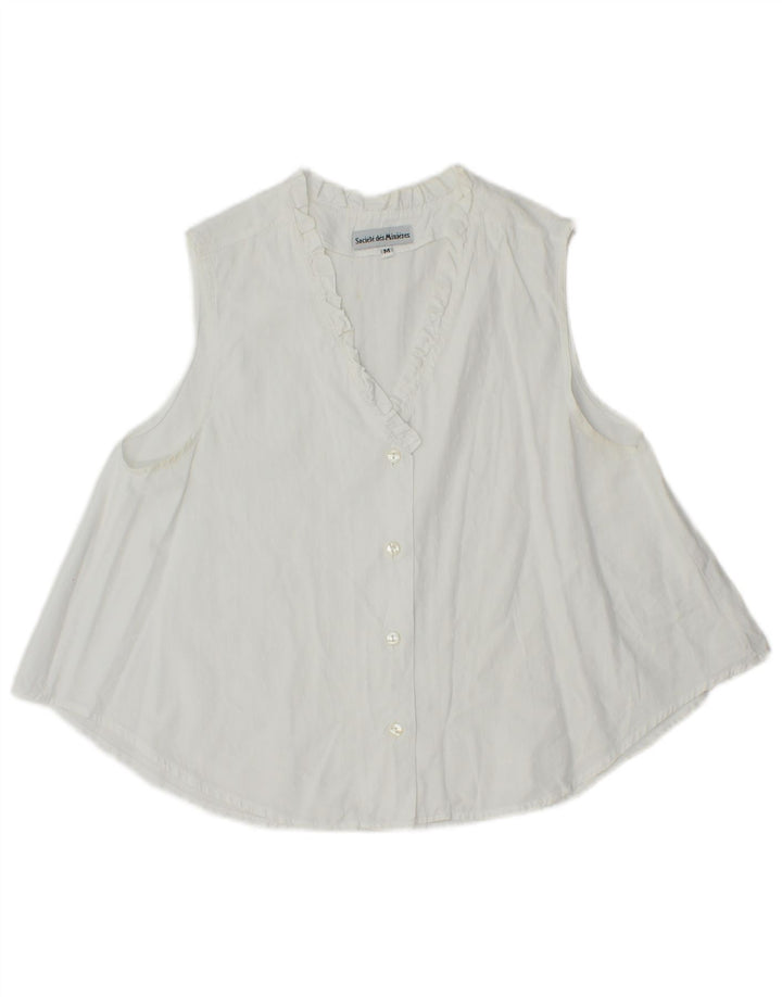 Vintage dame ærmeløs flæse foran skjorte bluse UK 14 Medium White