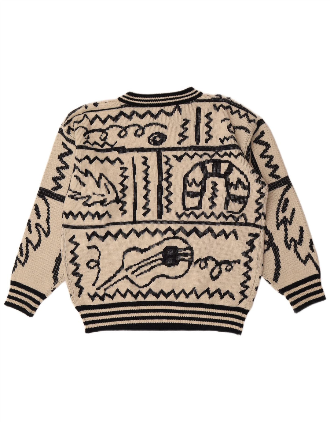 Vintage herre abstrakt mønster rund hals sweater stor beige