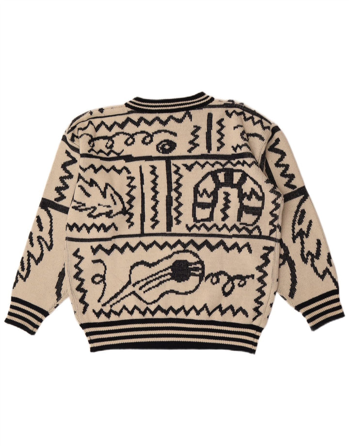 Vintage herre abstrakt mønster rund hals sweater stor beige