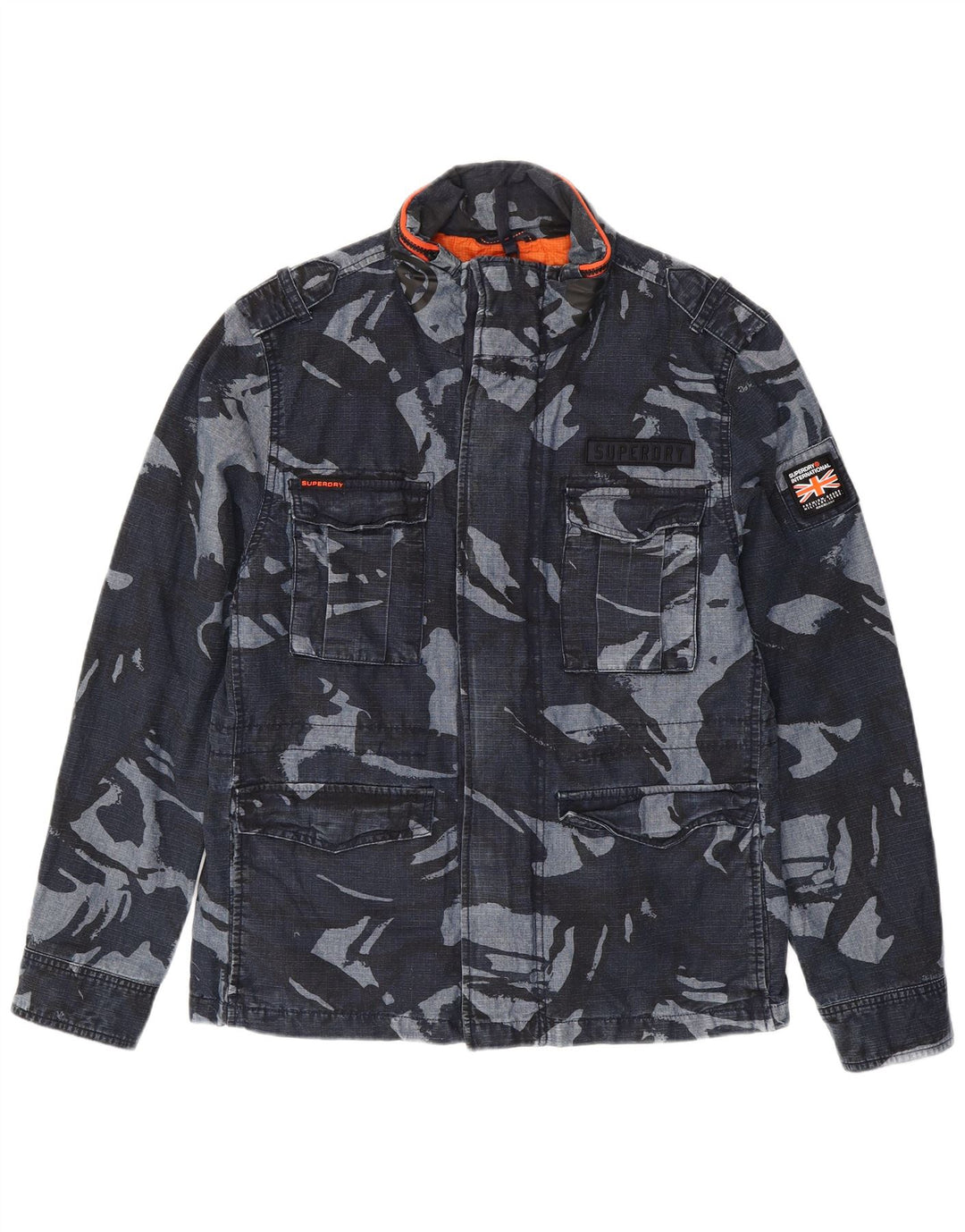 SUPERDRY Military Jacket til mænd UK 40 Large Navy Blue Camouflage Cotton