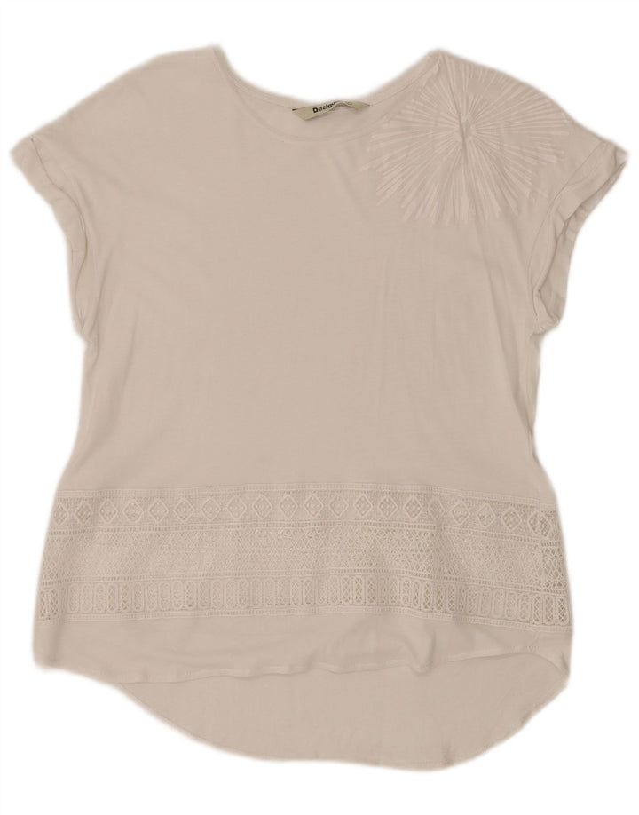 DESIGUAL Dame Grafisk Bluse Top UK 12 Medium Hvid Geometrisk