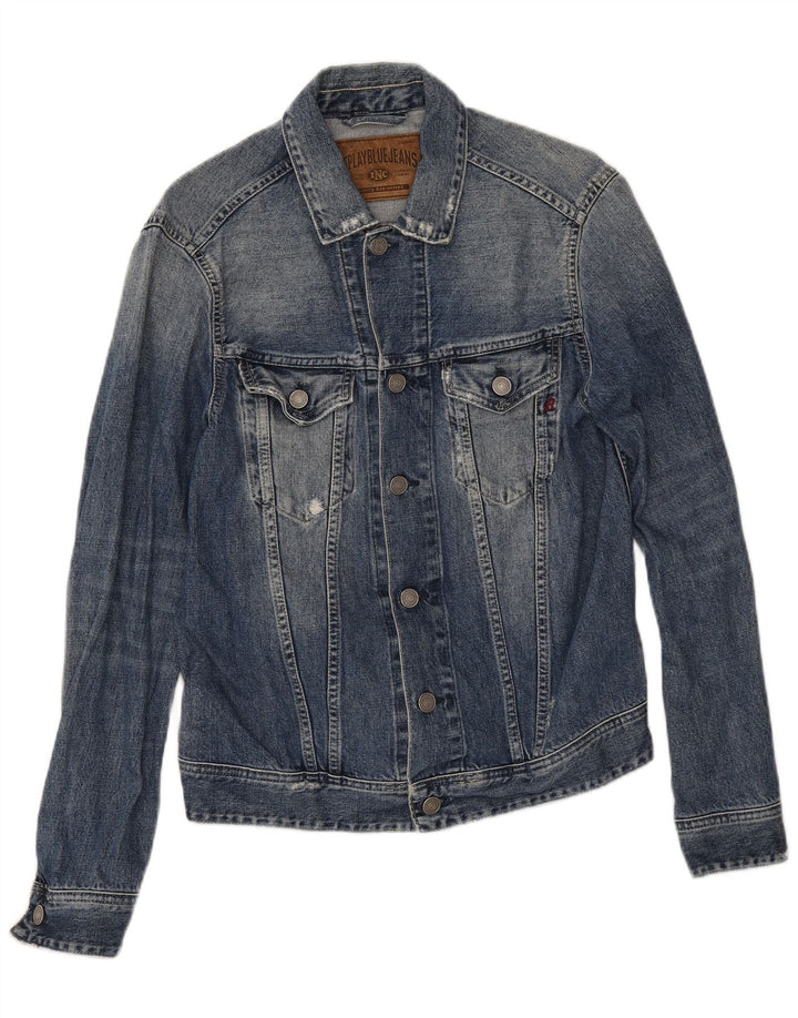 Replay Dame Distressed Denim Jacket UK 14 Medium Blue Cotton