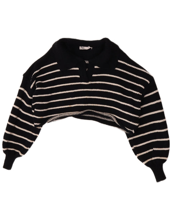 Zara Womens Crop Polo Neck Sweater Sweater UK 10 Small Navy Blue Striped
