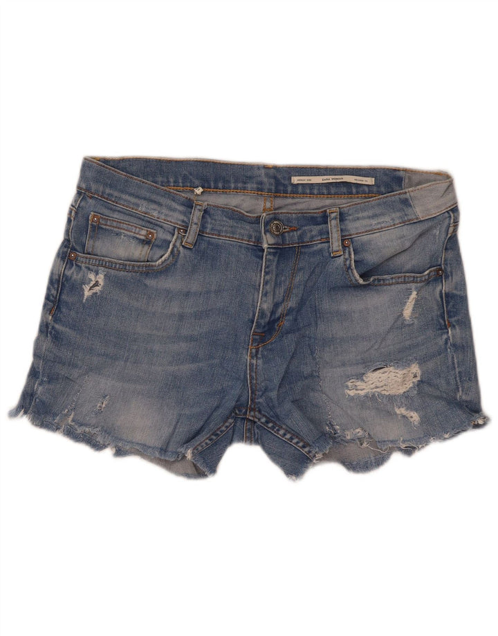 Zara Dame Mid Rise Distressed Relaxed Fit denimshorts Medium W30 Blå