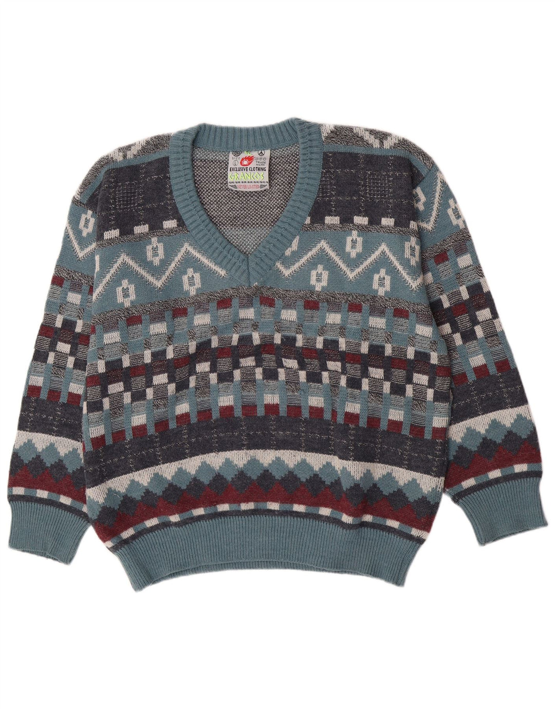 Vintage herre V-hals sweater stor blå geometrisk uld