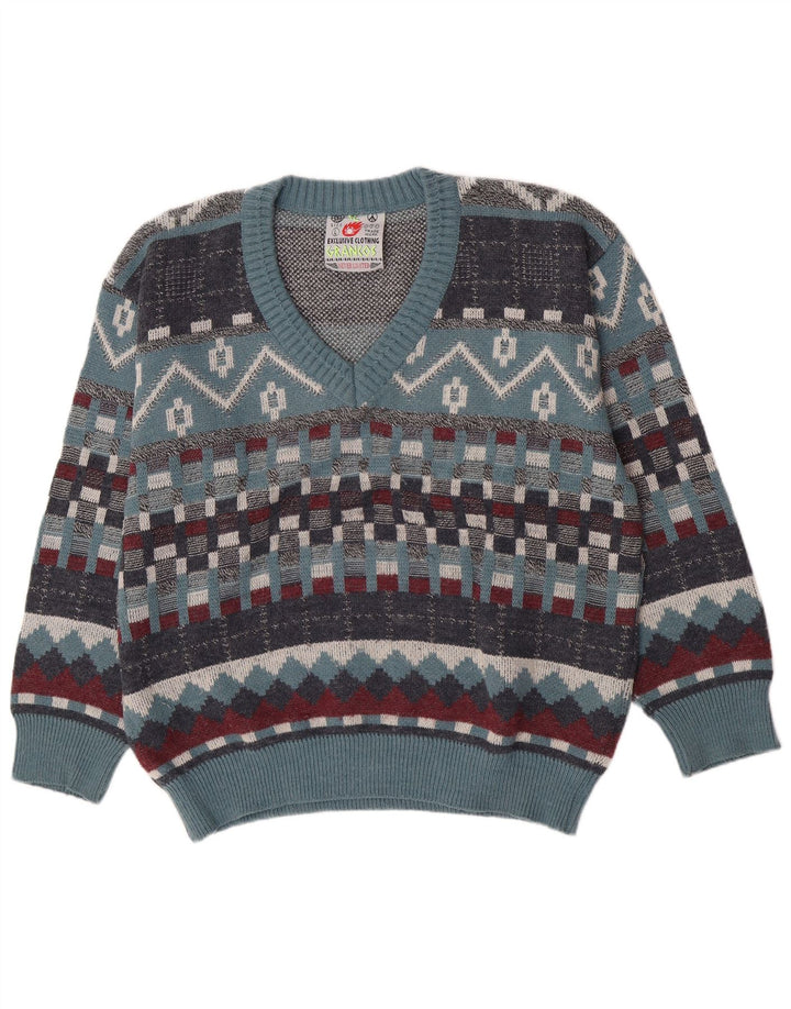 Vintage herre V-hals sweater stor blå geometrisk uld