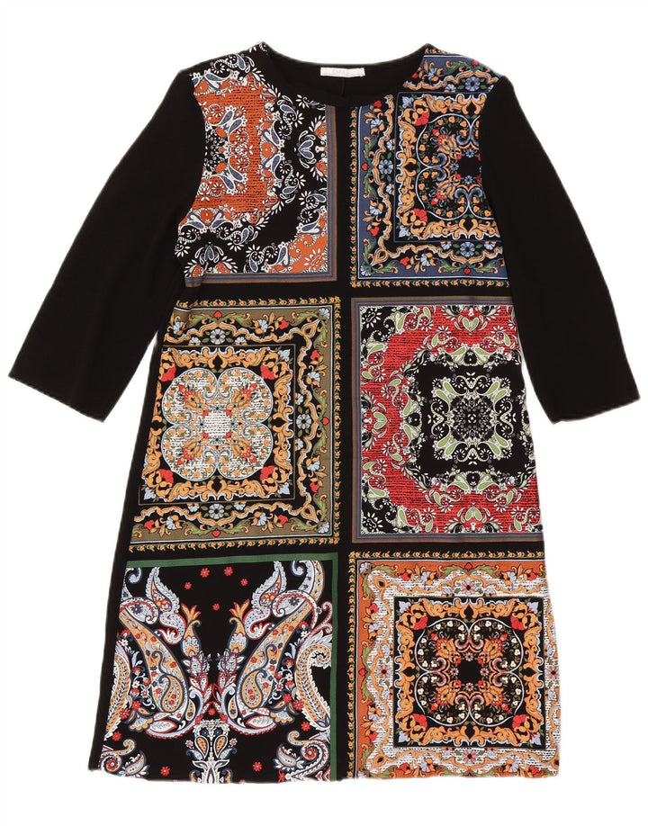 Zara Dame 3/4 ærmer Kaftan Kjole UK 12 Medium Sort Patchwork
