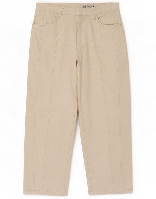 Zara Womens Loose Fit Cropped Trousers EU 42 Large W32 L26 Beige Cotton