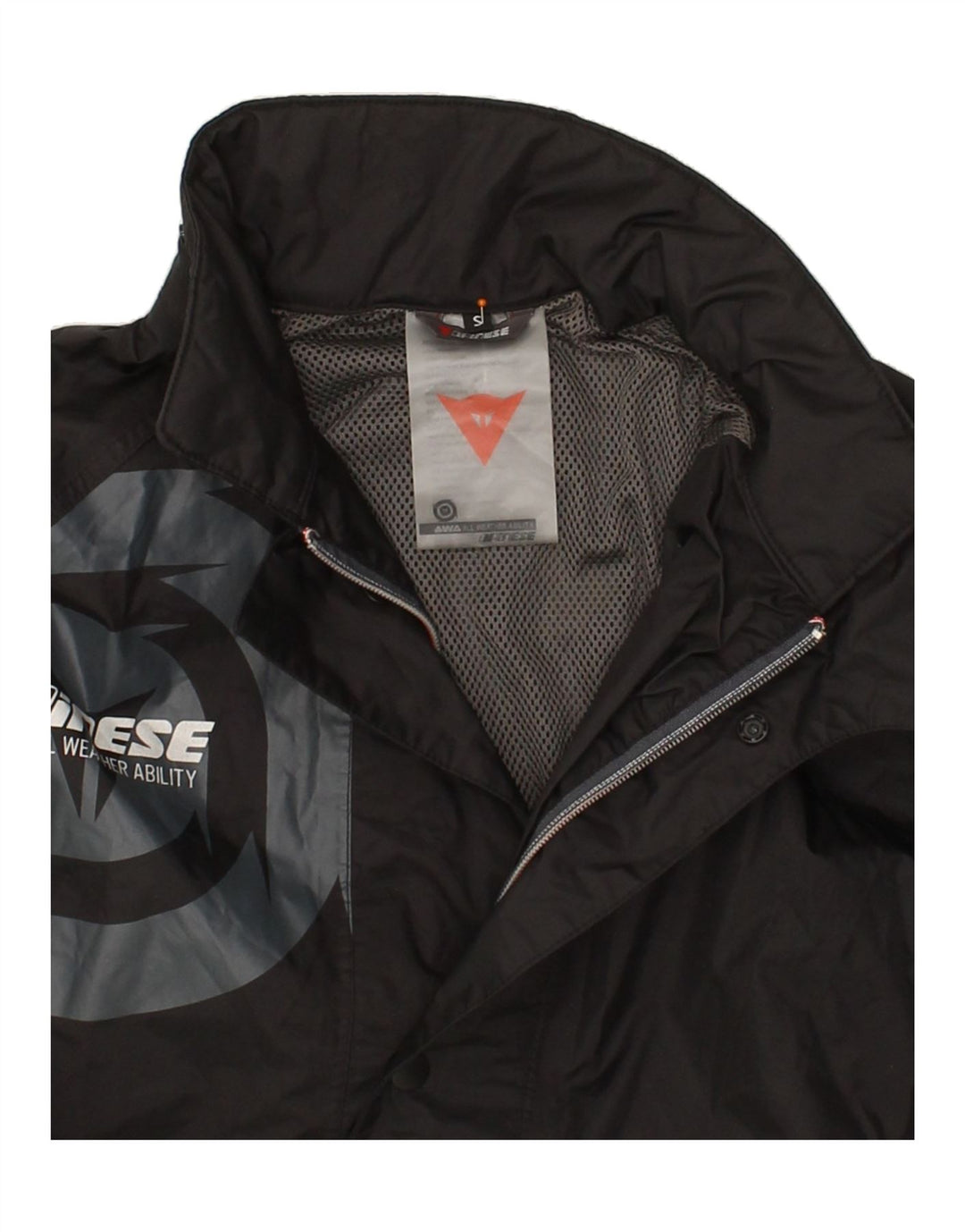 DAINESE Mens Graphic Rain Jacket UK 36 Small Black Nylon Vintage Dainese and Second-Hand Dainese from Messina Hembry 