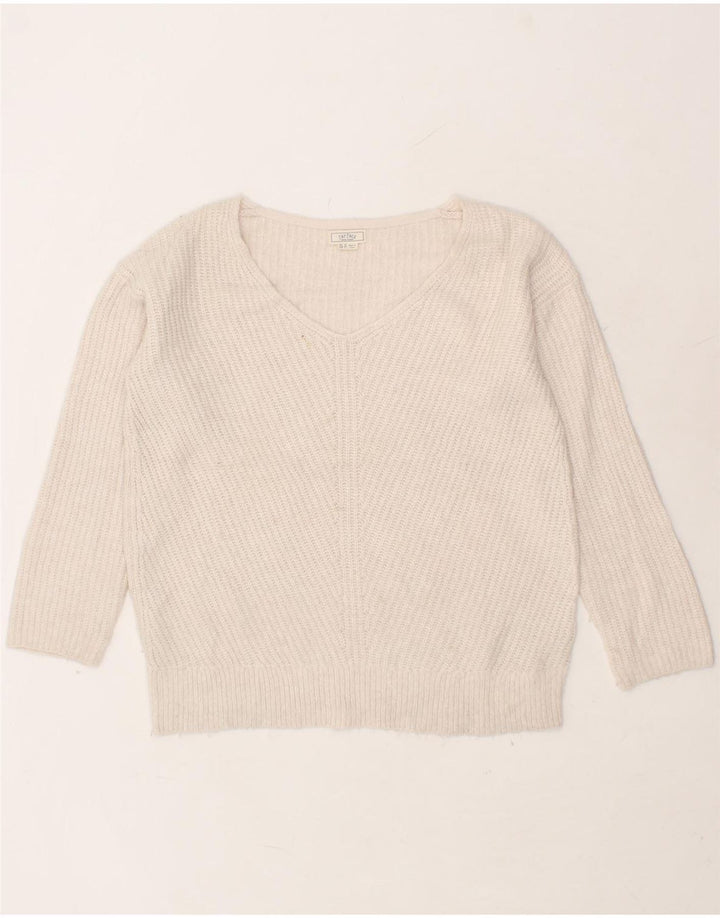 FAT FACE Womens V-Neck Jumper Sweater UK 10 Small White Nylon Vintage Fat Face and Second-Hand Fat Face from Messina Hembry 