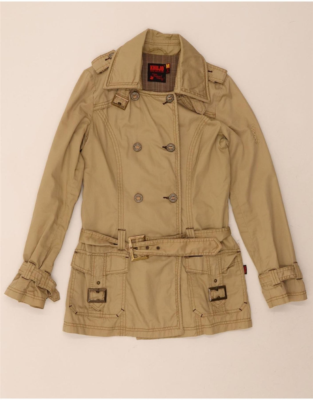 KHUJO Womens Double Breasted Trench Coat UK 14 Medium Beige Cotton Vintage KHUJO and Second-Hand KHUJO from Messina Hembry 