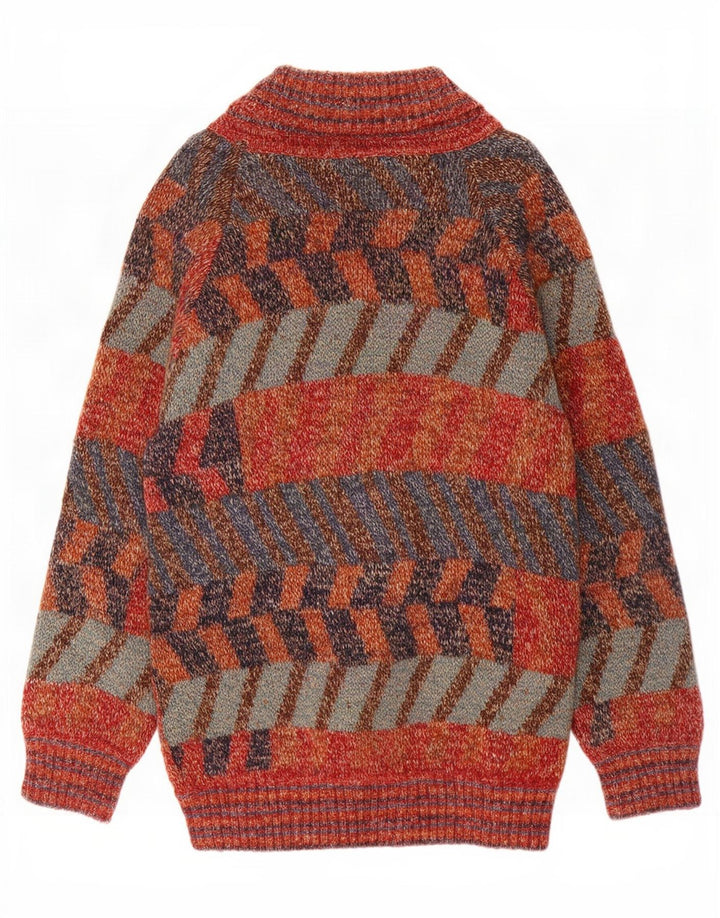 Vintage Herre Longline Cardigan Sweater Stor flerfarvet geometrisk uld