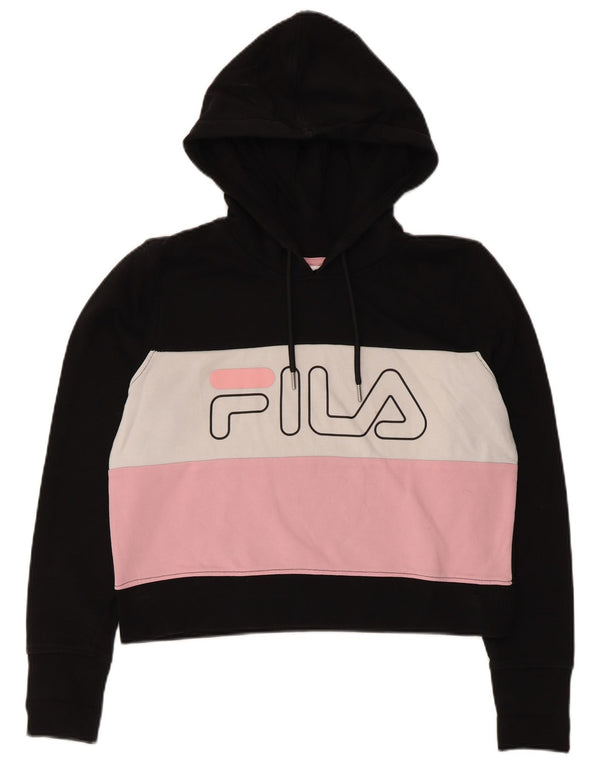 Fila Womens Crop Graphic Hoodie Jumper UK 10 Small Black Colourblock