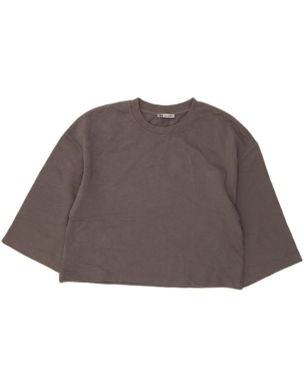 Zara Womens Crop 3/4-ærmet sweatshirt trøje UK 16 stor grå bomuld