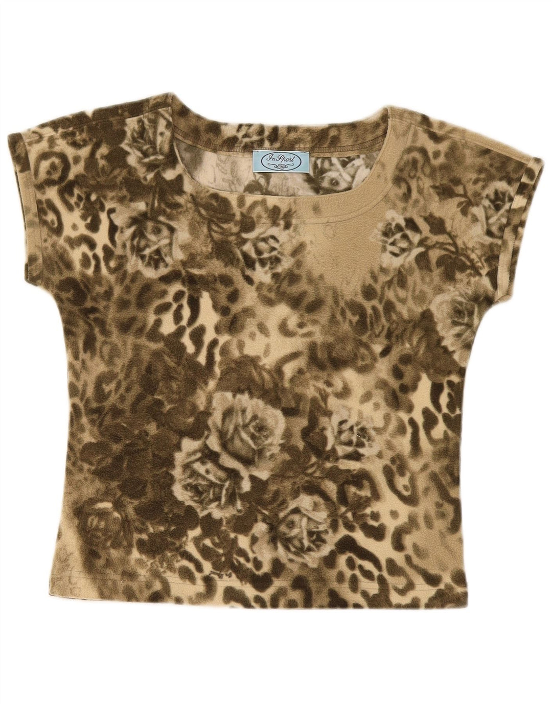 Vintage Kvinders Grafisk T-Shirt Top UK 12 Medium Khaki Floral Polyester