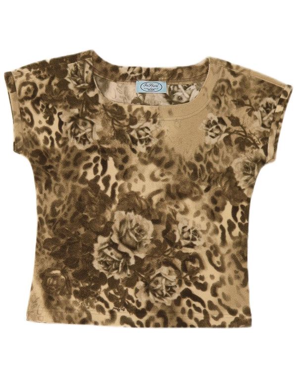 Vintage Kvinders Grafisk T-Shirt Top UK 12 Medium Khaki Floral Polyester