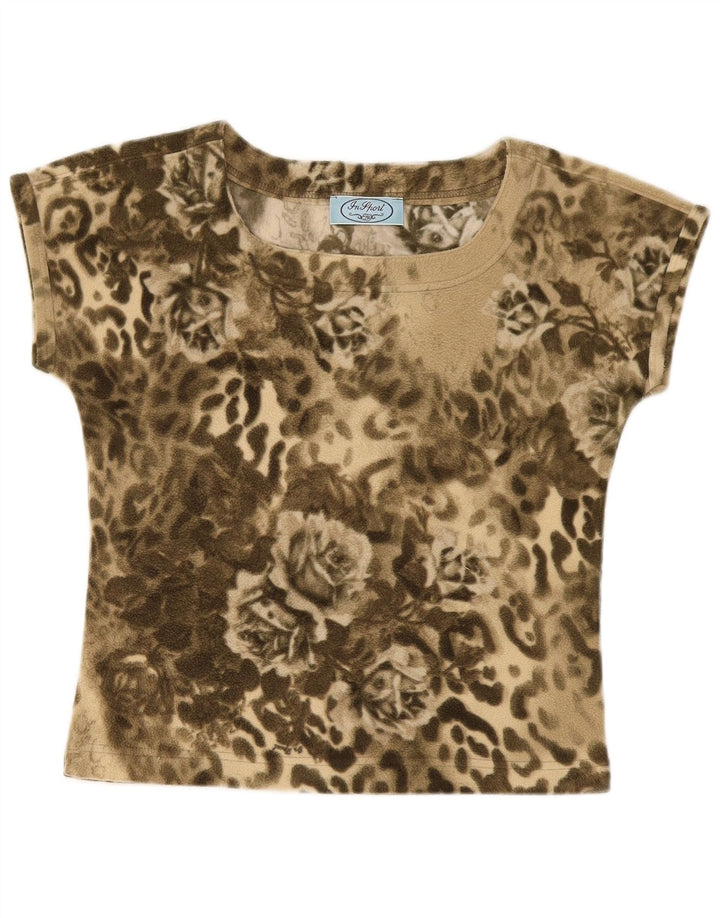 Vintage Kvinders Grafisk T-Shirt Top UK 12 Medium Khaki Floral Polyester