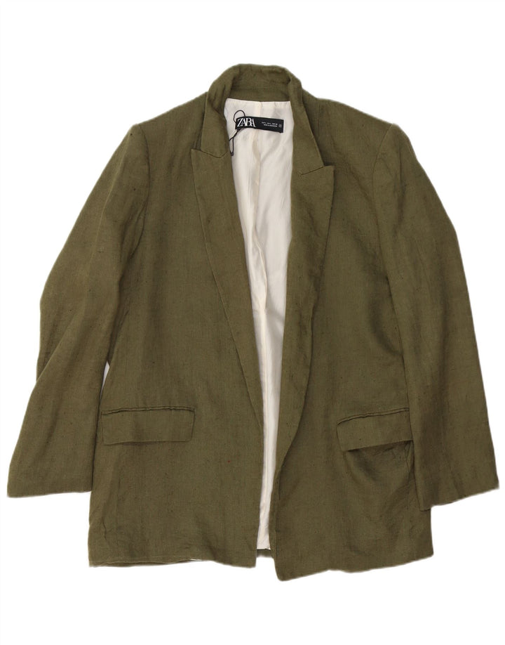 Zara Womens Open Blazer Jacket UK 16 Large Khaki Linen