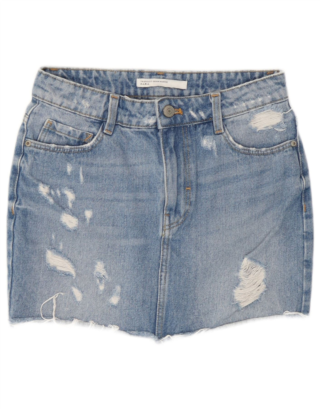 Zara Dame Distressed Mini Denim Nederdel XS W24 Blå
