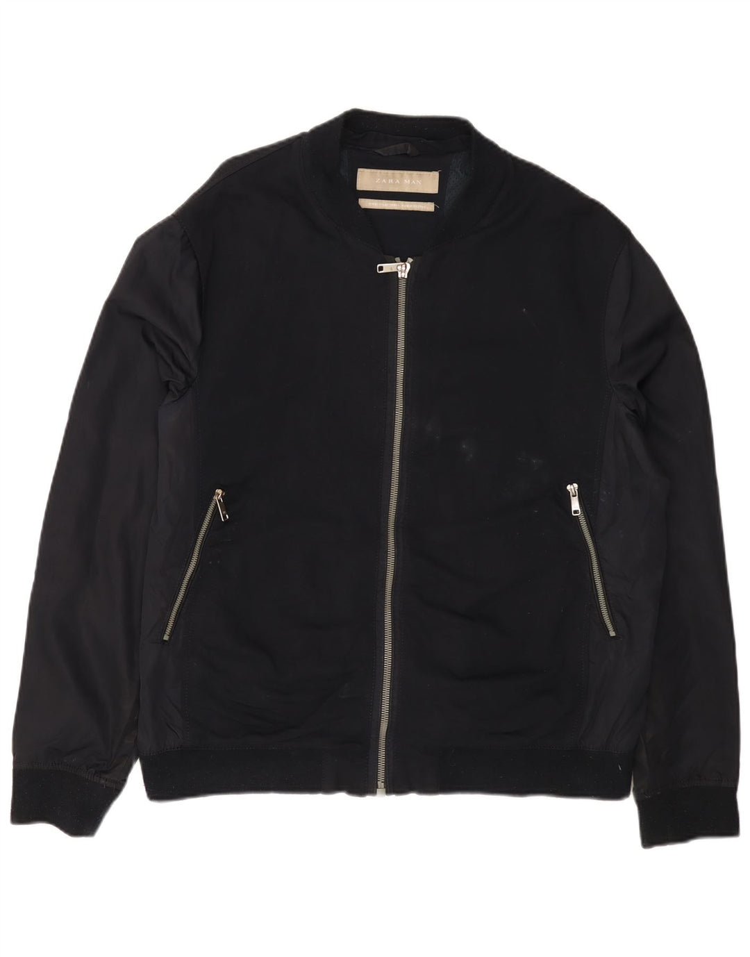 Zara Herre Bomber Jacket UK 42 XL Navy Blue Viscose