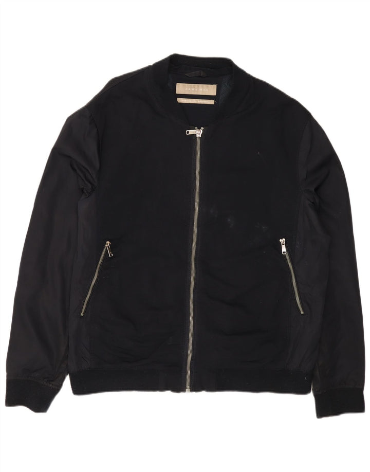 Zara Herre Bomber Jacket UK 42 XL Navy Blue Viscose