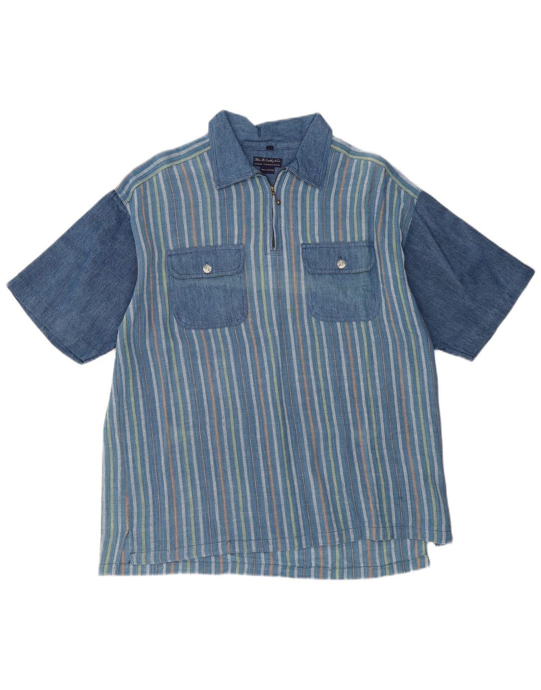 VINTAGE Herre Loose Fit Kortærmet Pullover Shirt Medium Blå Stribet