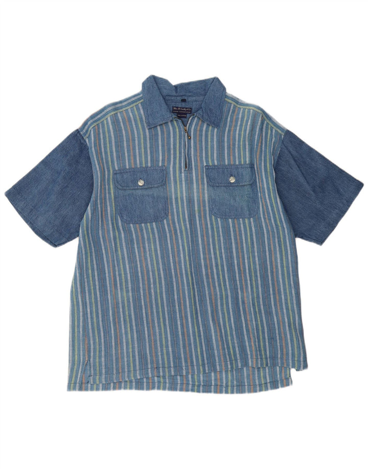 VINTAGE Herre Loose Fit Kortærmet Pullover Shirt Medium Blå Stribet