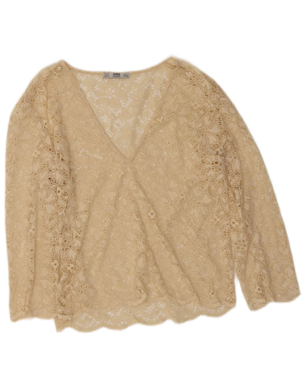 Zara Dame Langærmet Blonde Se Through Top UK 12 Medium Beige Floral