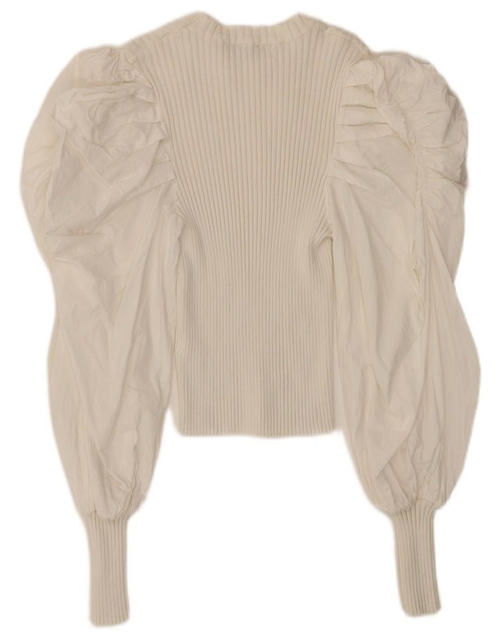 Zara Womens Crop Langærmet Bluse Top UK 12 Medium White Bomuld