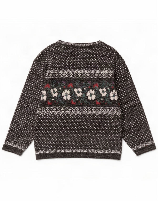 Vintage Dame Boat Neck Jumper Sweater UK 14 Medium Grey Floral Cotton