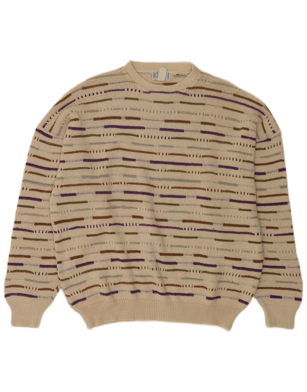 Vintage herre rund hals sweater XL beige stribet