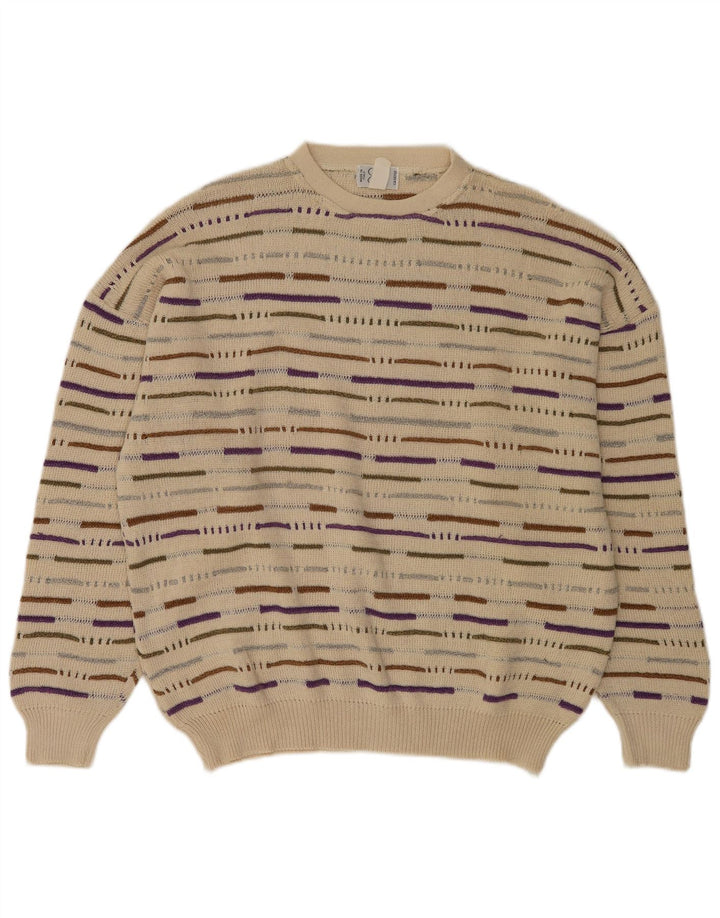 Vintage herre rund hals sweater XL beige stribet
