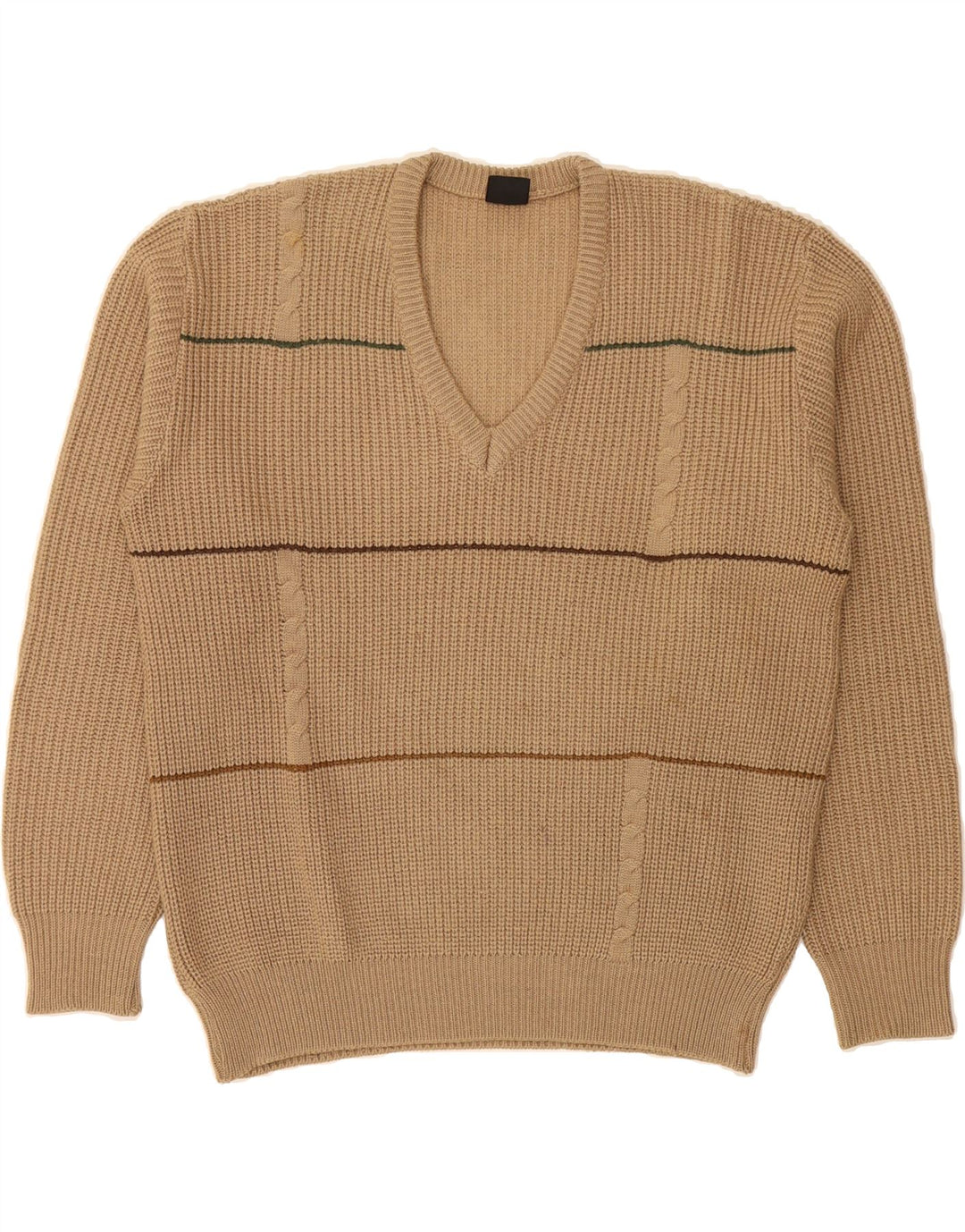 VINTAGE Mens V-Neck Jumper Sweater Small Beige Striped Wool Vintage Vintage and Second-Hand Vintage from Messina Hembry 