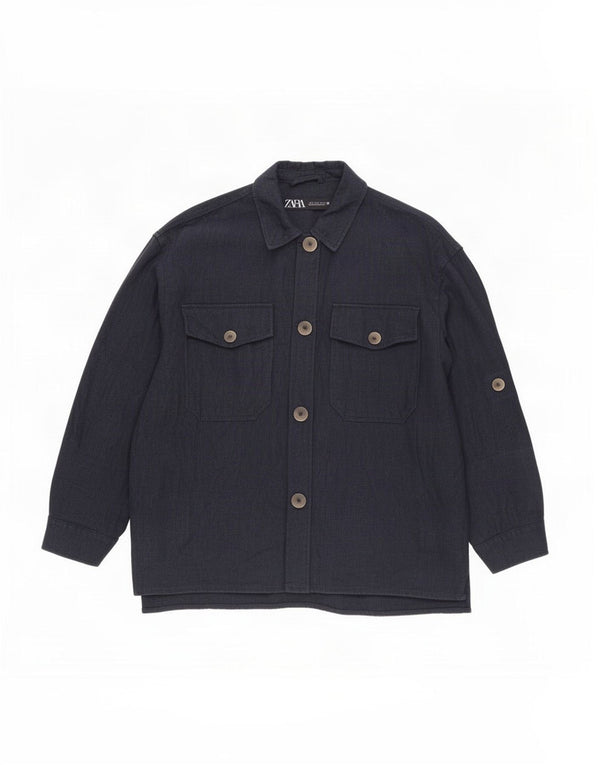Zara Womens Oversized Utility Jacket UK 10 Small Navy Blue Ramie