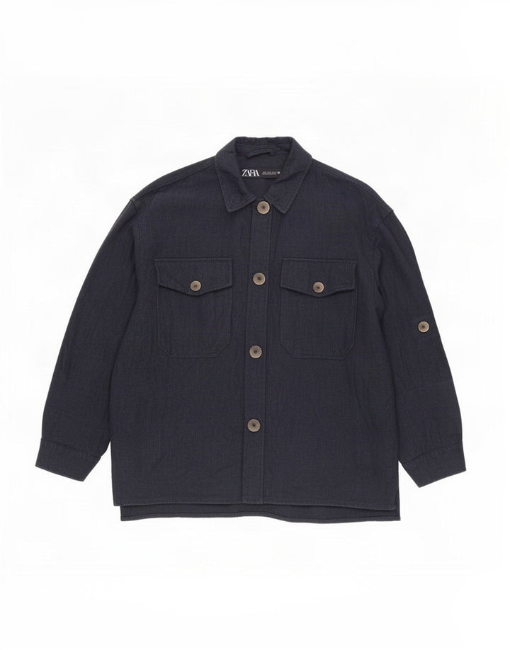 Zara Dame Oversized Utility Jacket UK 10 Small Navy Blue Ramie