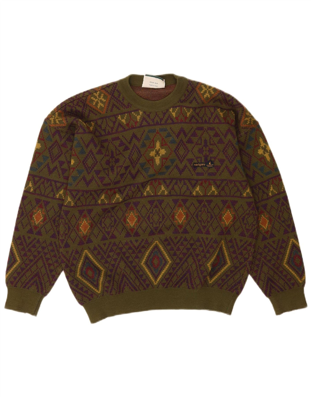 Navigare Herre sweater med rund hals, medium Khaki geometrisk uld