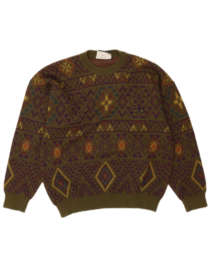 Navigare Herre sweater med rund hals, medium Khaki geometrisk uld