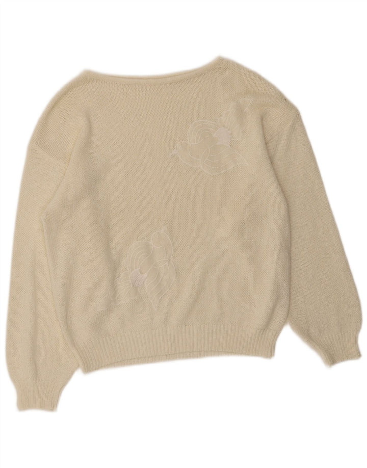 Vintage Dame Crop Grafisk Boat Neck Jumper Sweater EU 40 Medium White