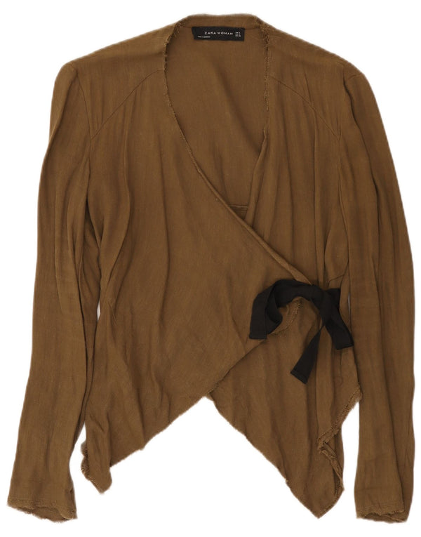 Zara Womens Crop Asymmetrisk Wrap Shirt Bluse UK 10 Small Khaki Colourblock