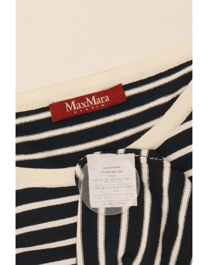 Max Mara Dame Top Langærmet UK 16 Stor Marineblå Stribet