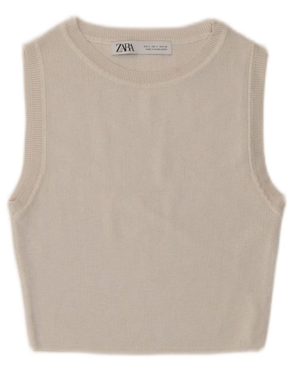 Zara Dame Pullover Crop Top UK 8 Small Off White Viscose