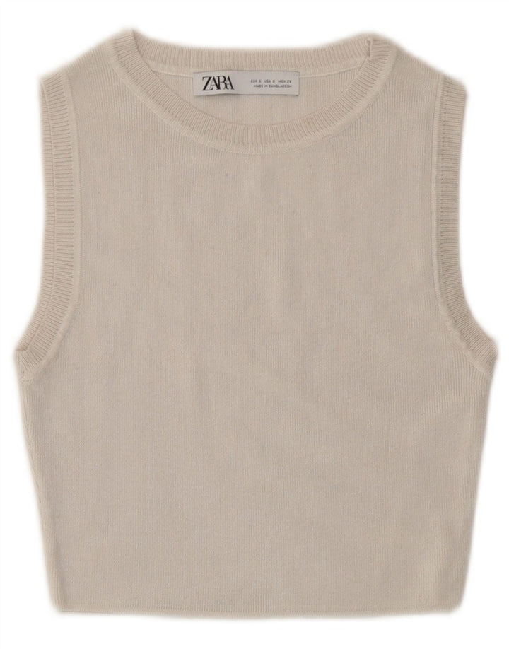 Zara Dame Pullover Crop Top UK 8 Small Off White Viscose