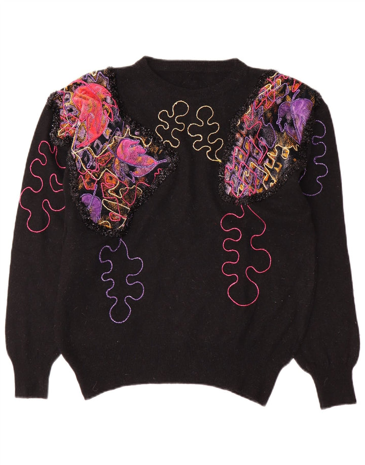 Vintage kvinders abstrakt mønster rund hals sweater UK 14 medium sort