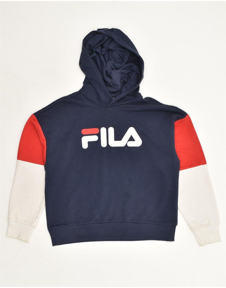 FILA Mens Graphic Hoodie Jumper Small Navy Blue Colourblock Cotton | Vintage Fila | Thrift | Second-Hand Fila | Used Clothing | Messina Hembry 