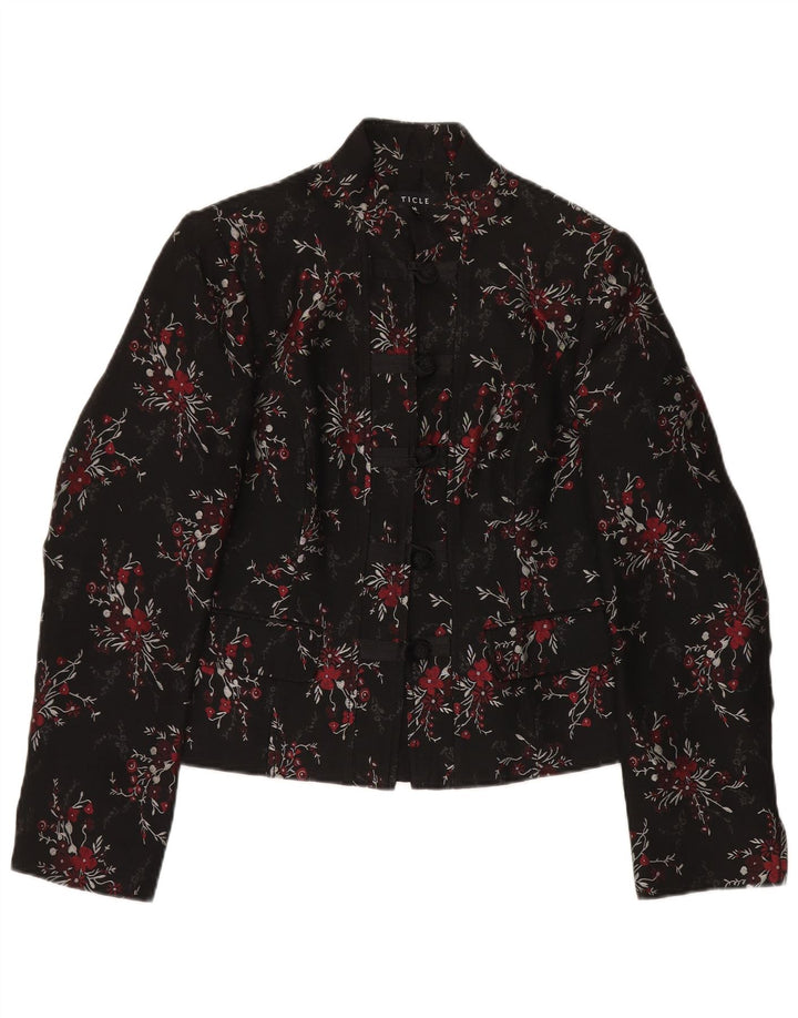 Vintage Dame 5 Button Blazer Jacket UK 14 Large Black Floral Acetate