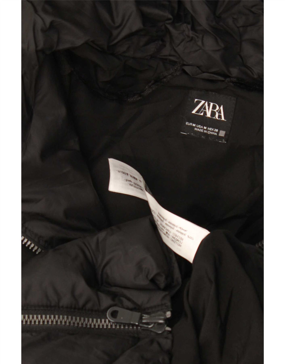 Zara Dame Hætte Polstret Frakke UK 14 Medium Sort Polyester