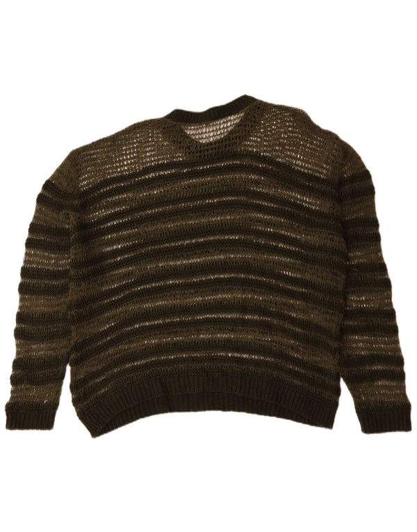 Zara Dame Se Gennem Rundhals Jumper Sweater UK 14 Medium Grøn Stribet