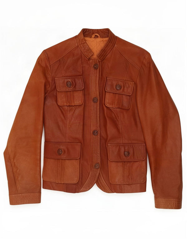 Vintage dame læder Utility Jacket UK 8 Small Brown